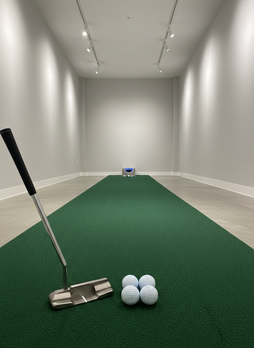 A sleek, modern indoor putting studio scene featuring a long, deep-green putting mat with realistic grain texture stretching across a minimalist room with smooth, light-gray walls. At the near end, a precisely milled putter with a brushed steel finish rests beside three perfectly aligned golf balls, while at the far end a discreet automatic ball return cup with subtle LED accents waits. Soft, directional track lighting from the ceiling creates gentle highlights on the putter’s face and faint shadows along the mat’s contours. Shot from a slightly elevated, diagonal angle, the mat leads the eye into the distance, creating depth and a focused, practice-oriented mood. The overall atmosphere is calm, meticulous, and performance-driven, emphasizing year-round indoor skill building in polished photographic realism.