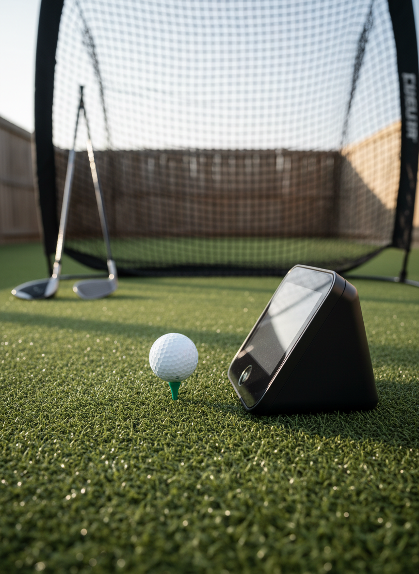 A close-up, photographic view of a premium golf launch monitor on a neatly trimmed backyard hitting area, its matte black casing and crisp sensor window facing a gleaming white golf ball perched on a short tee. Behind the ball, a compact practice net with fine mesh texture stretches across the frame, with a few clubs leaning against its side. Late afternoon natural light casts soft, directional highlights along the device’s edges and subtle shadows in the turf. Shot from a low, side-on angle with shallow depth of field, the launch monitor and ball are in razor-sharp focus while the net and distant fence blur gently. The atmosphere feels precise and analytical yet relaxed, ideal for product-focused reviews and buying guides.