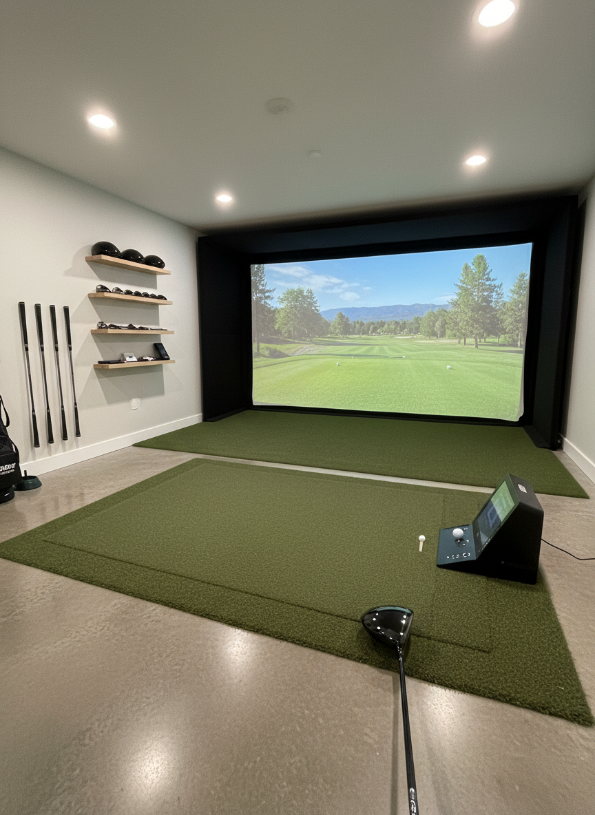 A gleaming modern golf simulator setup fills a clean home basement, featuring a high-resolution impact screen showing a lush virtual fairway, a realistic turf mat with detailed grass texture, and a sleek launch monitor unit on the floor beside a neatly positioned driver and golf ball. Discreet wall-mounted shelves hold a few minimalist club sets and neatly arranged indoor training aids. Soft, even LED ceiling lights create gentle, shadow-free illumination, with subtle reflections on polished concrete flooring. Photographed at eye level with a slightly wide angle, the simulator screen dominates the composition while the equipment remains in sharp focus. The mood is professional yet inviting, conveying high-tech precision and year-round practice in a calm, organized space, in clean, photographic realism.