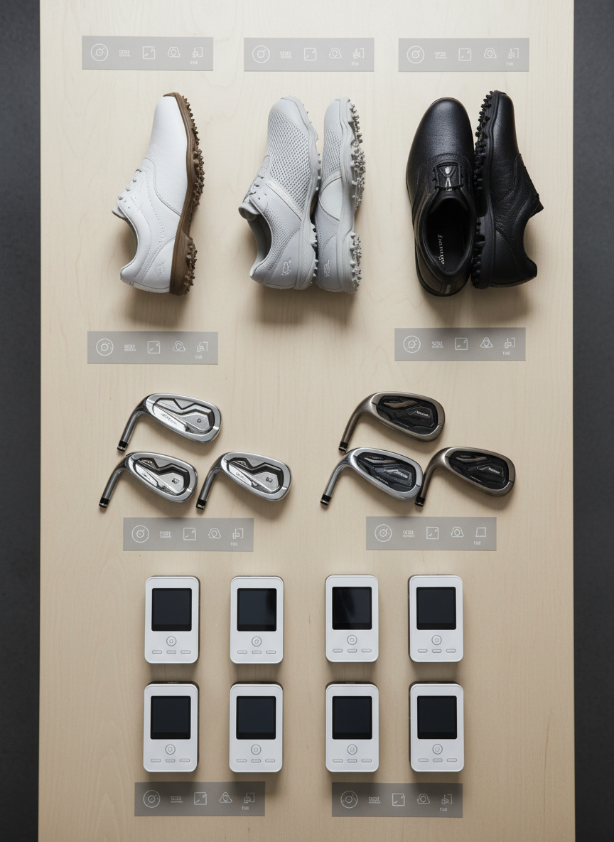 An organized indoor golf gear comparison layout on a wide, light-wood table: three distinct golf shoes with different sole patterns and materials, two sets of irons with varying cavity-back designs, and several neatly labeled launch monitor units placed in a structured grid-like arrangement. Each product sits on a slim, neutral-gray data card with simple icon-like shapes instead of text, subtly suggesting specs and comparison data without being legible. Overhead softbox-style lighting creates even, reflection-controlled illumination, highlighting textures like leather grain, brushed metal, and rubber treads. Captured from a directly overhead, flat-lay perspective with sharp focus across the frame, the composition feels methodical, professional, and editorial, evoking the clarity of comparison tables and searchable product databases in clean, photographic realism.