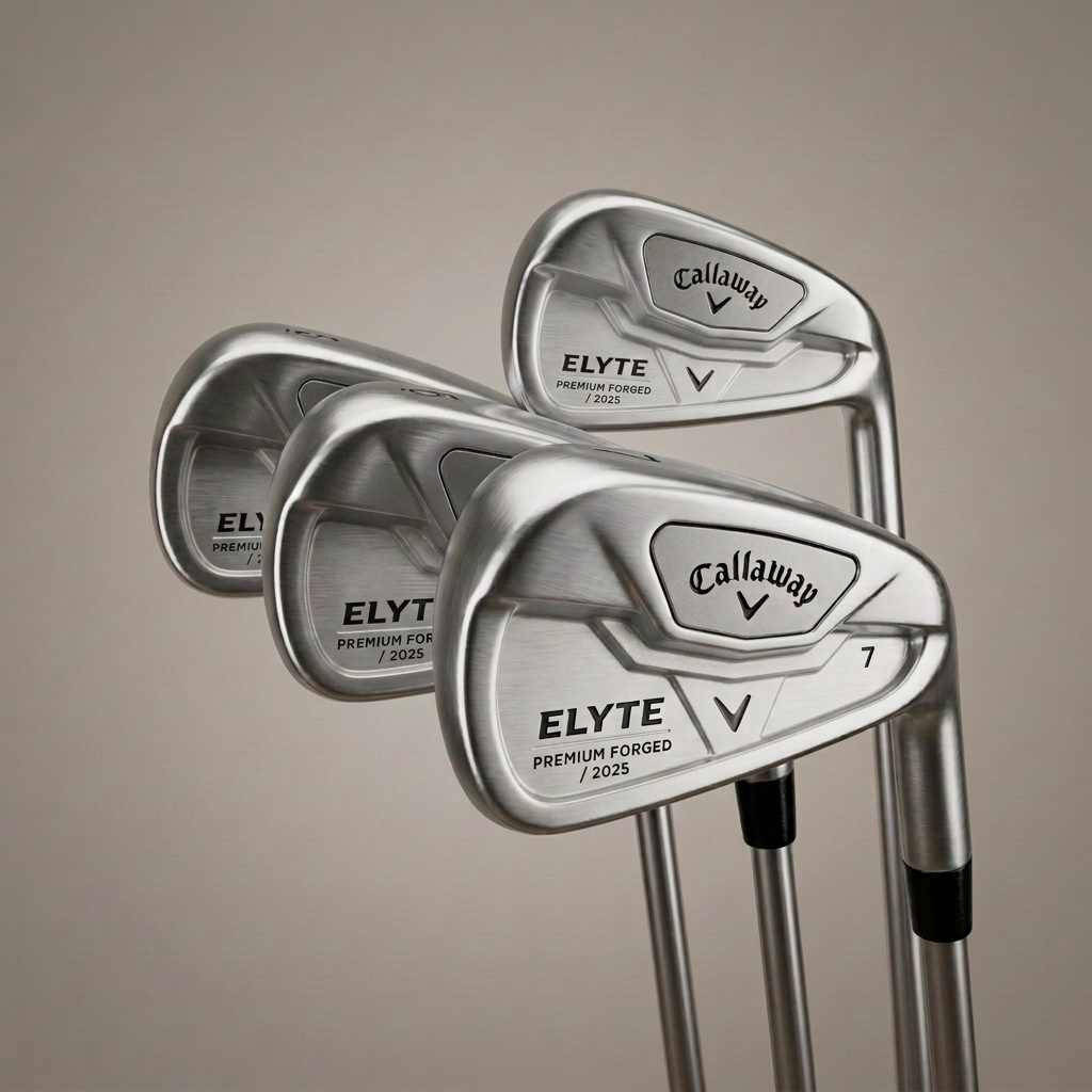 Four Callaway Apex CB golf irons in a black golf bag with a workshop background